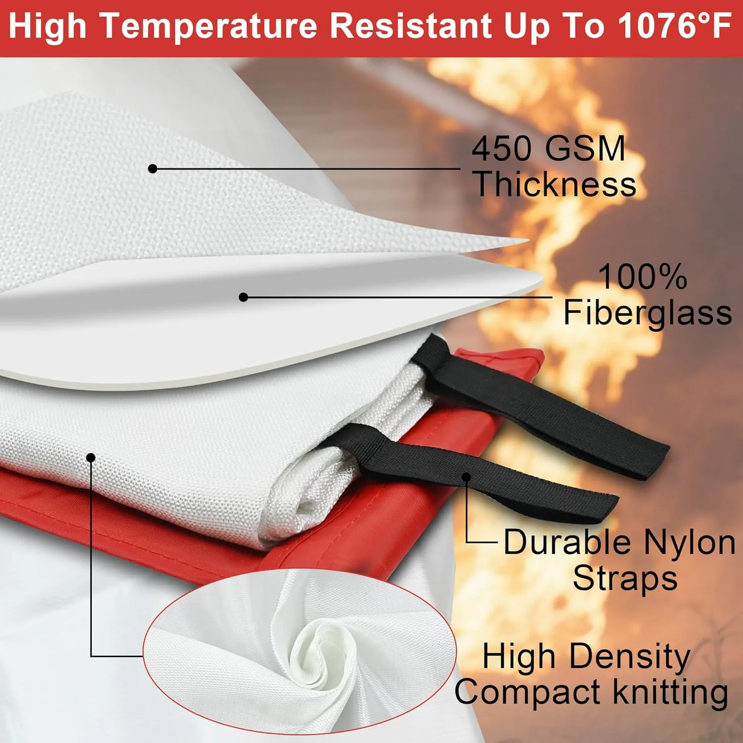 FJNATINH Emergency Fire Blanket for Home and Kitchen - 40x40'' Fiberglass Flame-Retardant Fire Blanket with Hook, for Fireplace, Grill, Warehouse, Camping, Family Use (6-Pack)
