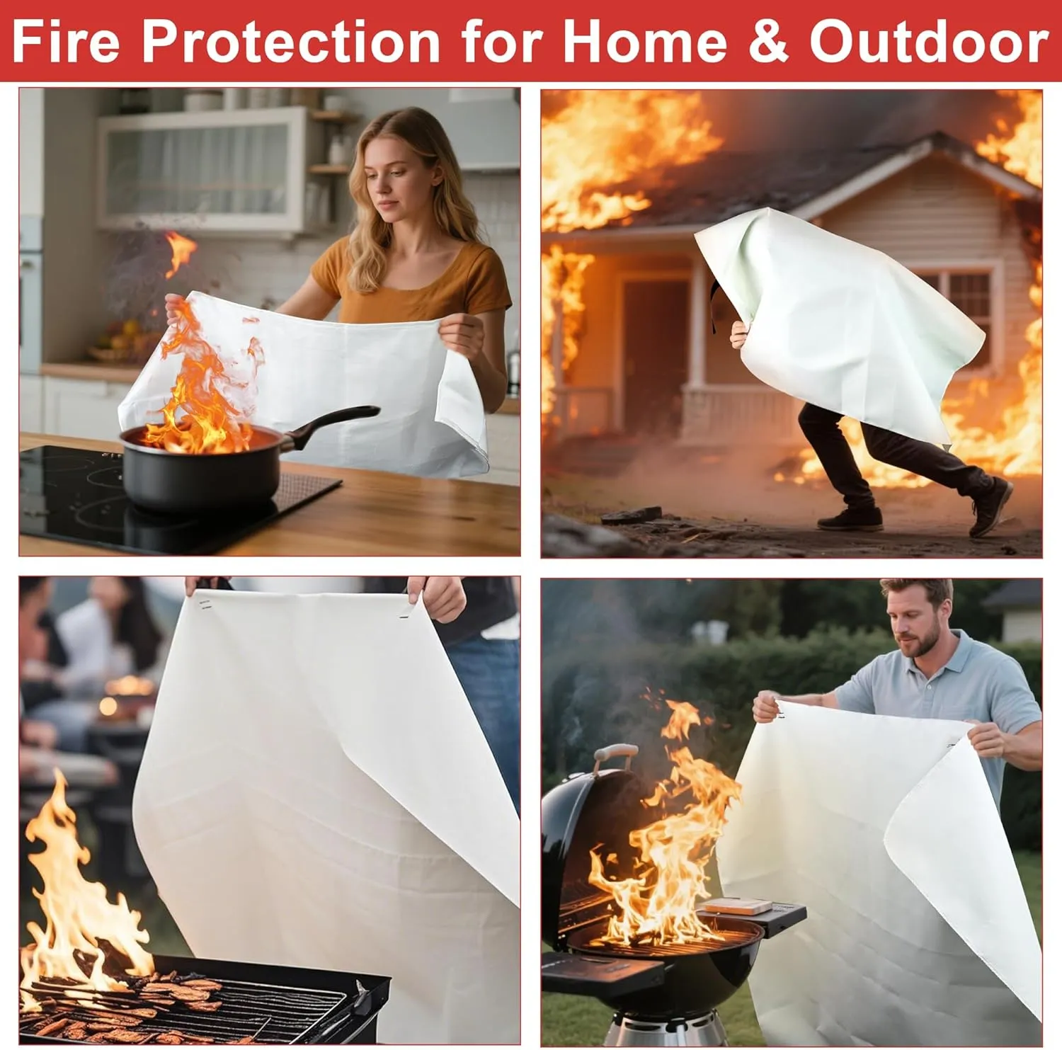 FJNATINH Emergency Fire Blanket for Home and Kitchen - 40x40'' Fiberglass Flame-Retardant Fire Blanket with Hook, for Fireplace, Grill, Warehouse, Camping, Family Use (6-Pack)