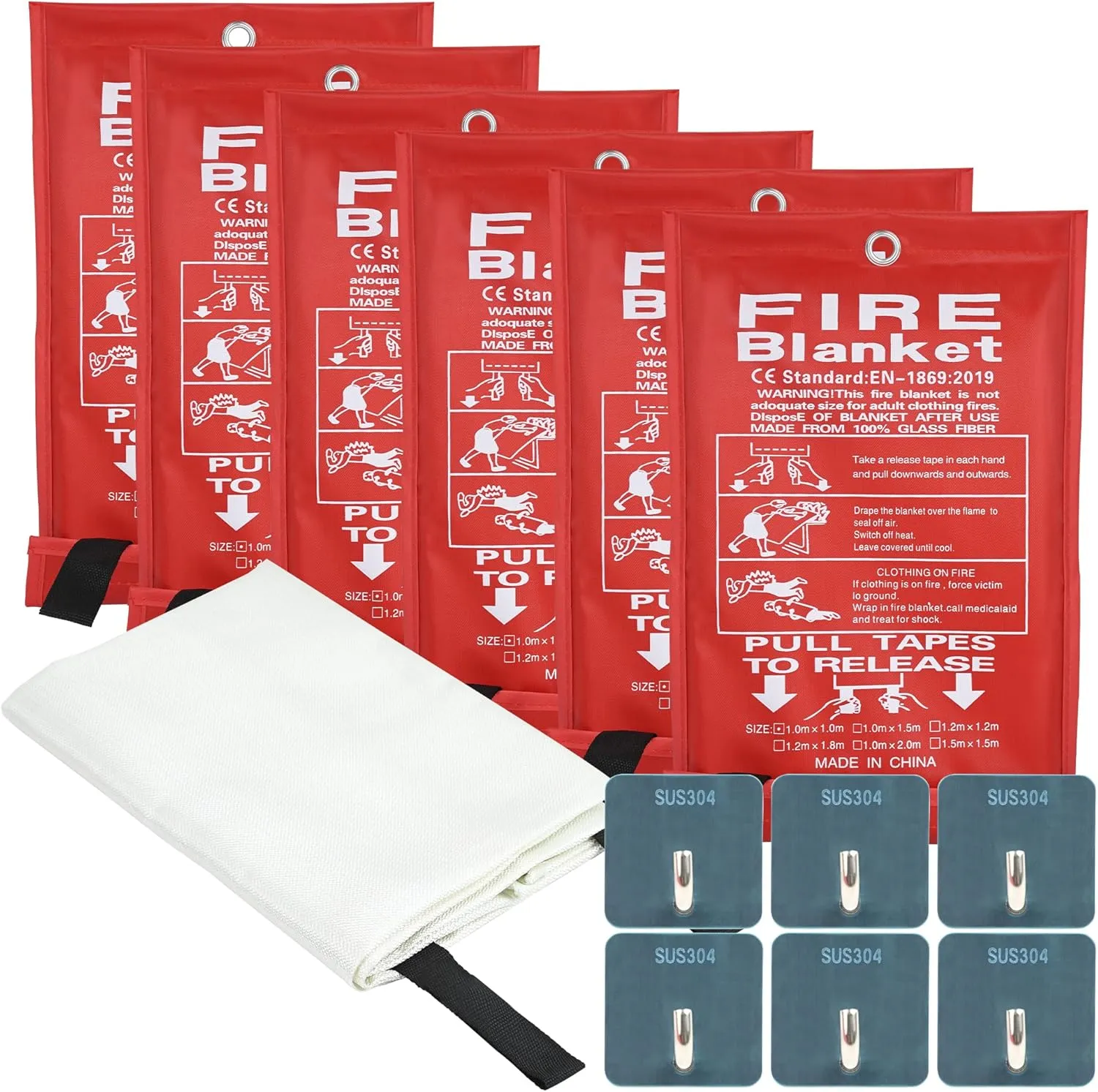FJNATINH Emergency Fire Blanket for Home and Kitchen - 40x40'' Fiberglass Flame-Retardant Fire Blanket with Hook, for Fireplace, Grill, Warehouse, Camping, Family Use (6-Pack)