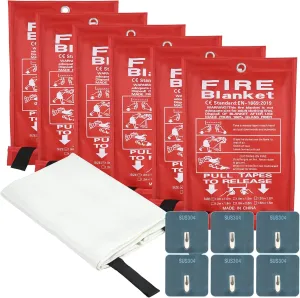 FJNATINH Emergency Fire Blanket for Home and Kitchen - 40x40'' Fiberglass Flame-Retardant Fire Blanket with Hook, for Fireplace, Grill, Warehouse, Camping, Family Use (6-Pack)