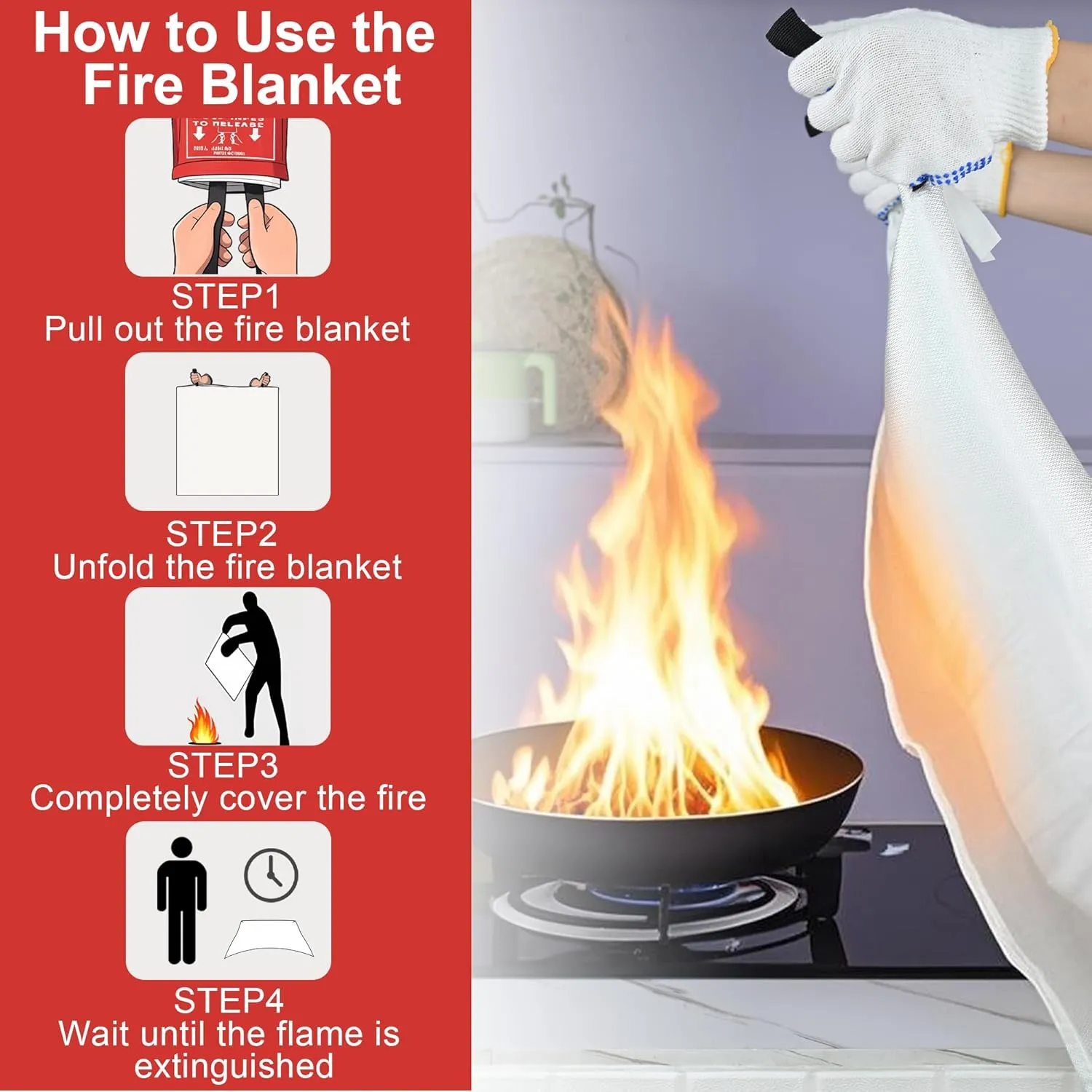 FJNATINH Emergency Fire Blanket for Home and Kitchen - 40x40'' Fiberglass Flame-Retardant Fire Blanket with Hook, for Fireplace, Grill, Warehouse, Camping, Family Use (6-Pack)