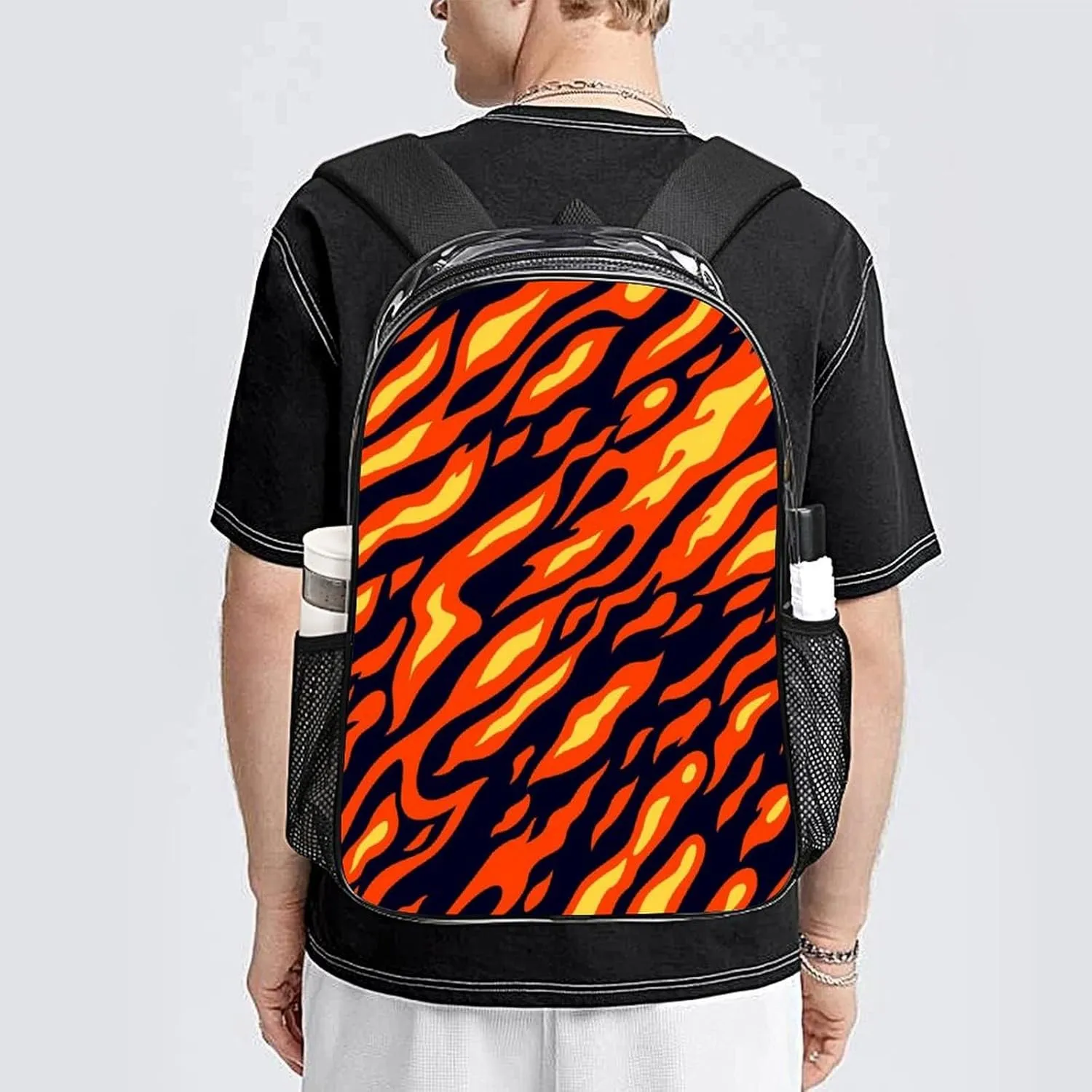 Flame Burn Fire 17 Inch Transparent Backpack Cartoon Anime Style Water Resistant PVC Clear Laptop Daypack for Travel Work Camping Women Men 43x32x13cm