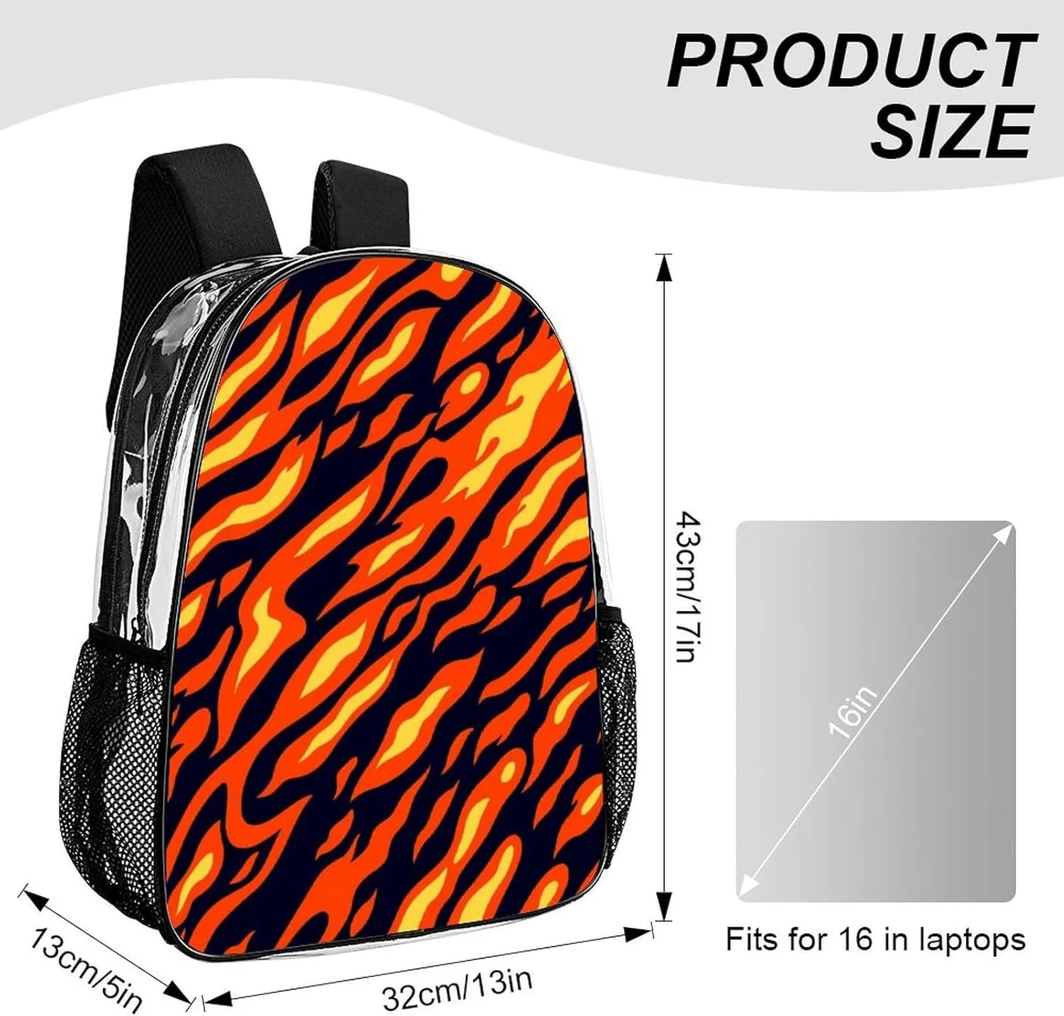 Flame Burn Fire 17 Inch Transparent Backpack Cartoon Anime Style Water Resistant PVC Clear Laptop Daypack for Travel Work Camping Women Men 43x32x13cm