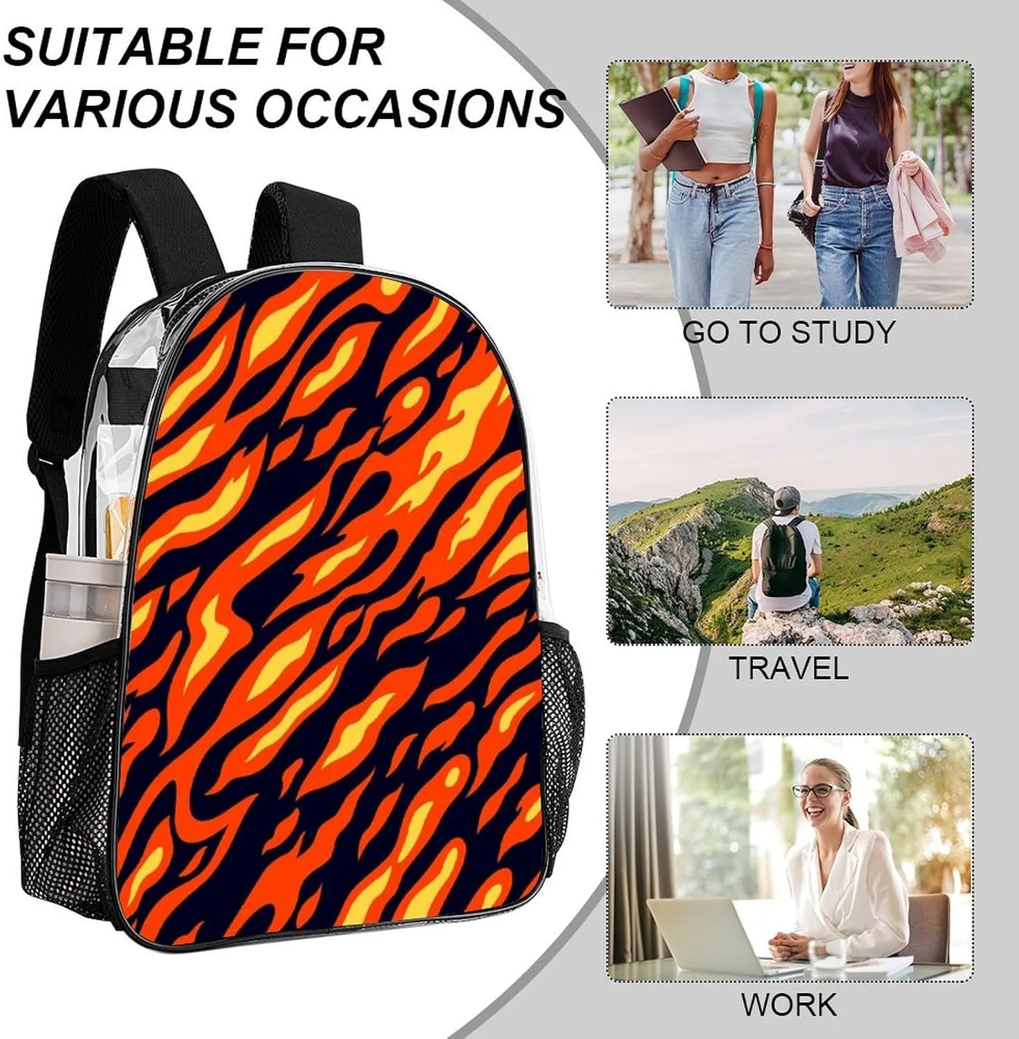 Flame Burn Fire 17 Inch Transparent Backpack Cartoon Anime Style Water Resistant PVC Clear Laptop Daypack for Travel Work Camping Women Men 43x32x13cm