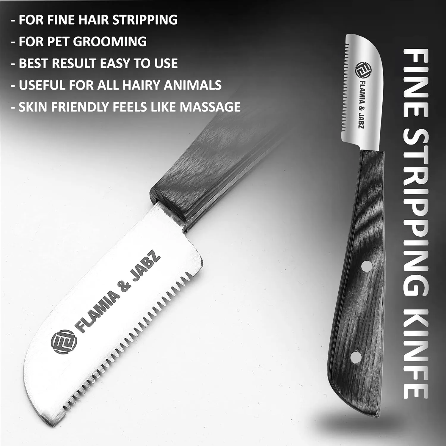 FLAMIA & JABZ FJ Professional Stripping Knife kit (6 pieces set) for Dogs & Pets, Wooden Handle Grip with Stainless Steel Blade (Right handed) (Black)