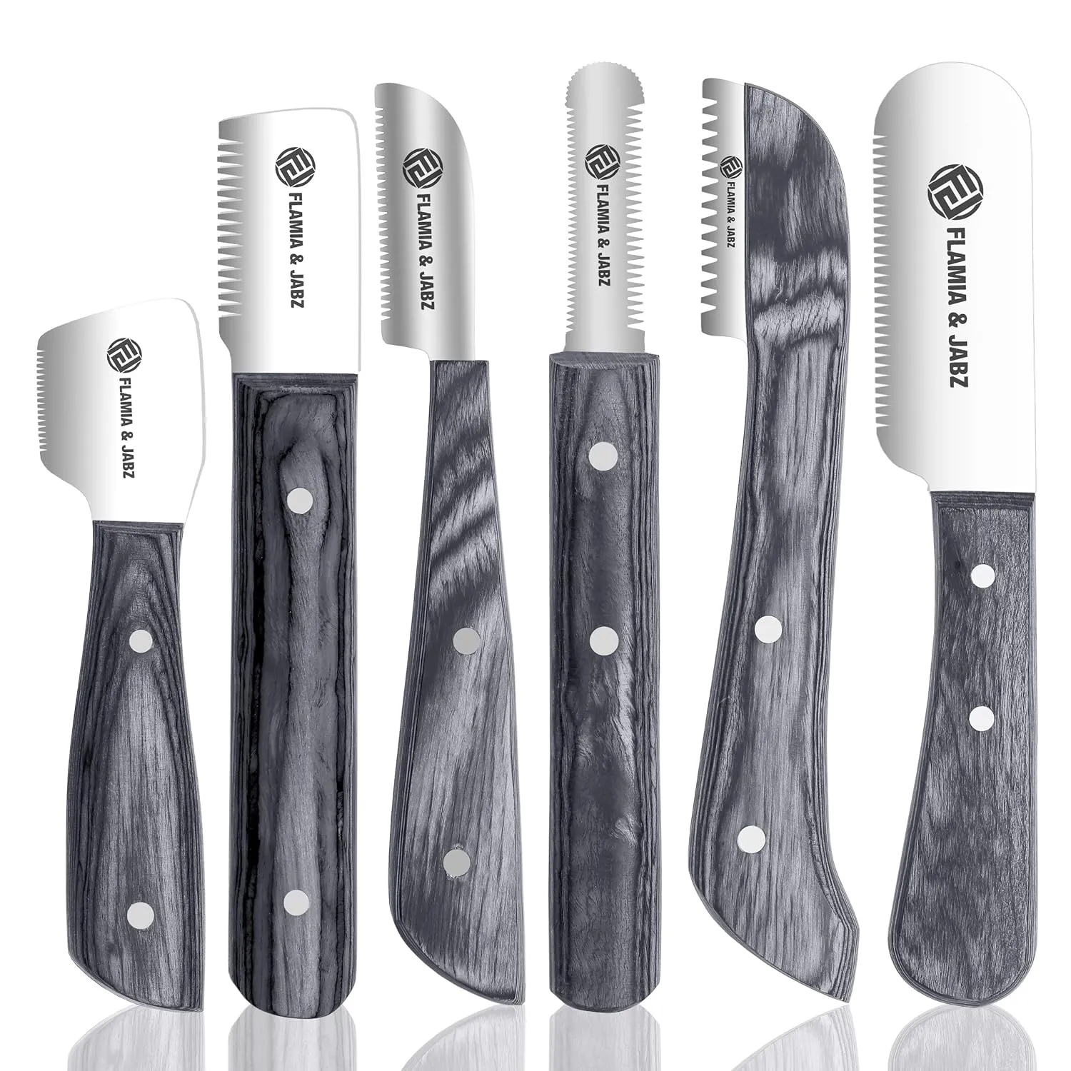 FLAMIA & JABZ FJ Professional Stripping Knife kit (6 pieces set) for Dogs & Pets, Wooden Handle Grip with Stainless Steel Blade (Right handed) (Black)