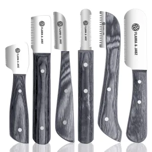 FLAMIA & JABZ FJ Professional Stripping Knife kit (6 pieces set) for Dogs & Pets, Wooden Handle Grip with Stainless Steel Blade (Right handed) (Black)