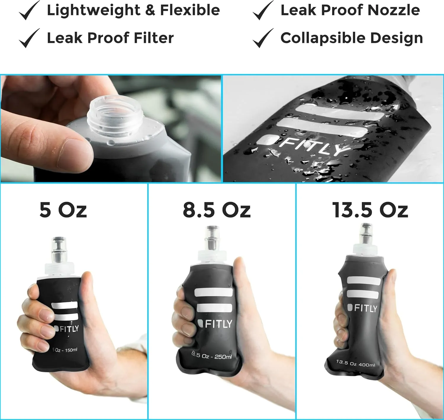 FLASKS Combo – 3 Soft Flasksfor Hydration While Running Hiking Cycling Climbing - Collapsible Water Bottles (5-8.5 - 13.5 oz, 150-250 - 400 ml)