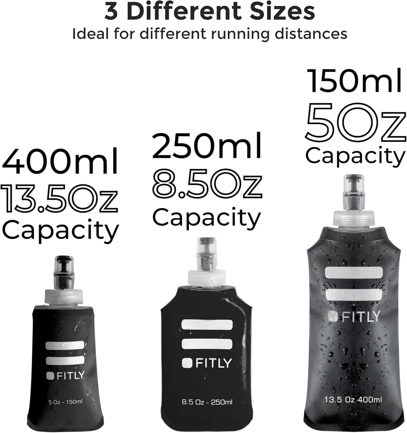 FLASKS Combo – 3 Soft Flasksfor Hydration While Running Hiking Cycling Climbing - Collapsible Water Bottles (5-8.5 - 13.5 oz, 150-250 - 400 ml)