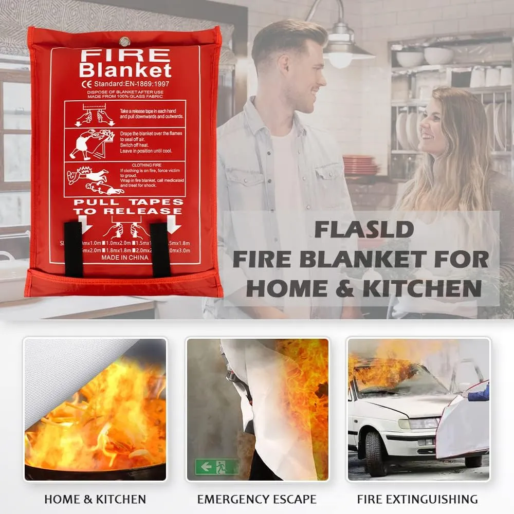 FLASLD Large Fire Blanket for Home and Kitchen, 6 ft x 8 ft Fiberglass Welding Blanket Emergency for People, Flame Retardant Protection and Heat Insulation