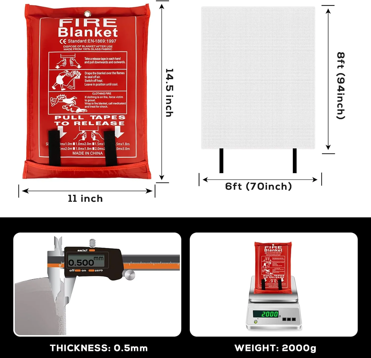 FLASLD Large Fire Blanket for Home and Kitchen, 6 ft x 8 ft Fiberglass Welding Blanket Emergency for People, Flame Retardant Protection and Heat Insulation