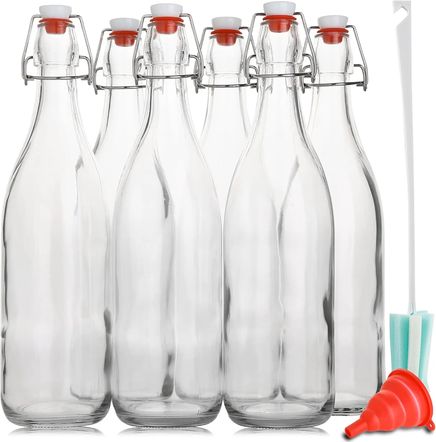 Flip Top Glass Bottle [1 Liter / 33 fl. oz.] [Pack of 6] – Swing Brewing with Stopper for Beverages, Oil, Vinegar, Kombucha, Beer, Water, Soda, Kefir Airtight Lid & Leak Proof Cap Clear