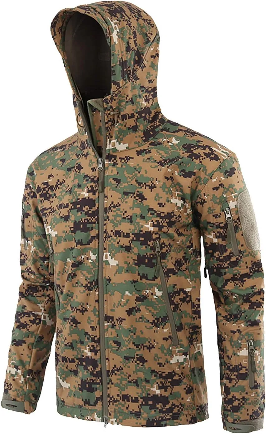Flygo Men's Men's Tactical Camouflage Hooded Outdoor Fleece Coat Softshell Jacket (Jungle Digital camo, Large)