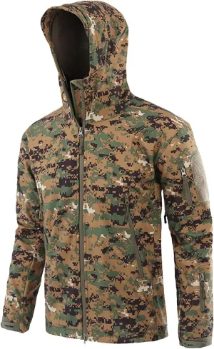 Flygo Men's Men's Tactical Camouflage Hooded Outdoor Fleece Coat Softshell Jacket (Jungle Digital camo, Large)