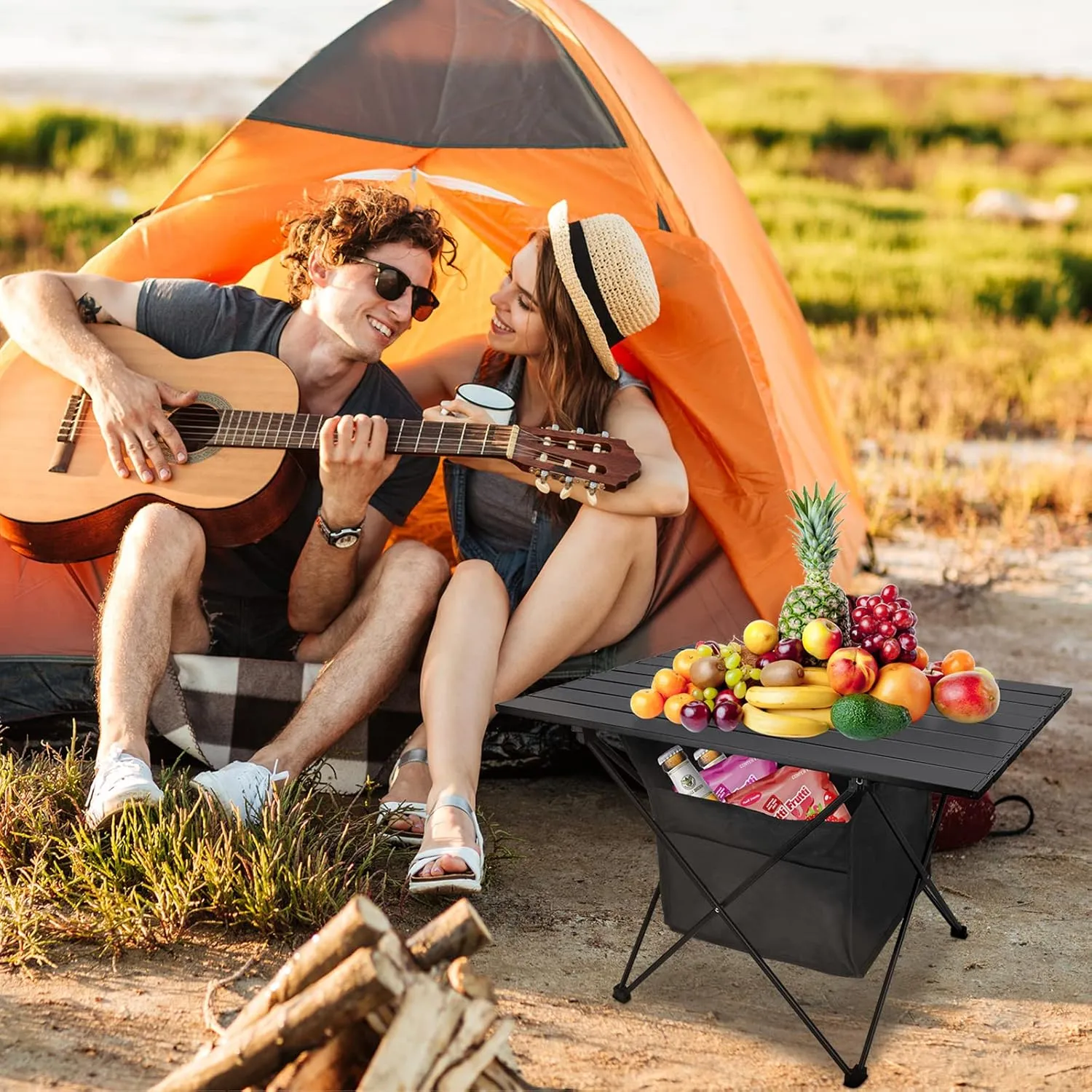 Foldable Camping Side Table, Ultralight Small Beach Table Aluminum, Portable Outdoor Table with Carry Bag and Storage for Picnic, Grill, Hiking, Fishing, Sand, Camping Essentials(L)