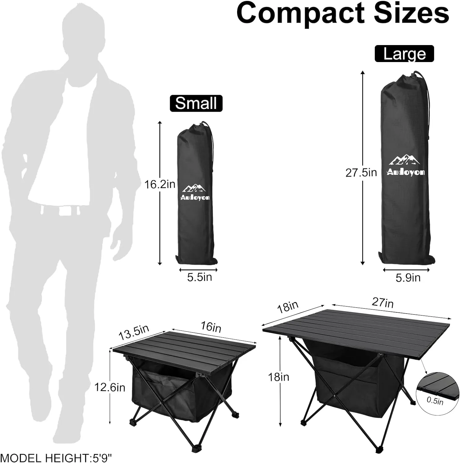 Foldable Camping Side Table, Ultralight Small Beach Table Aluminum, Portable Outdoor Table with Carry Bag and Storage for Picnic, Grill, Hiking, Fishing, Sand, Camping Essentials(L)