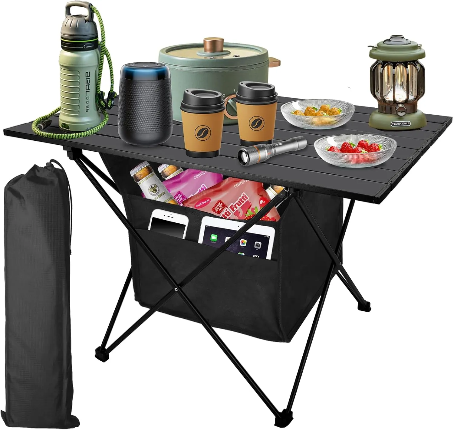 Foldable Camping Side Table, Ultralight Small Beach Table Aluminum, Portable Outdoor Table with Carry Bag and Storage for Picnic, Grill, Hiking, Fishing, Sand, Camping Essentials(L)