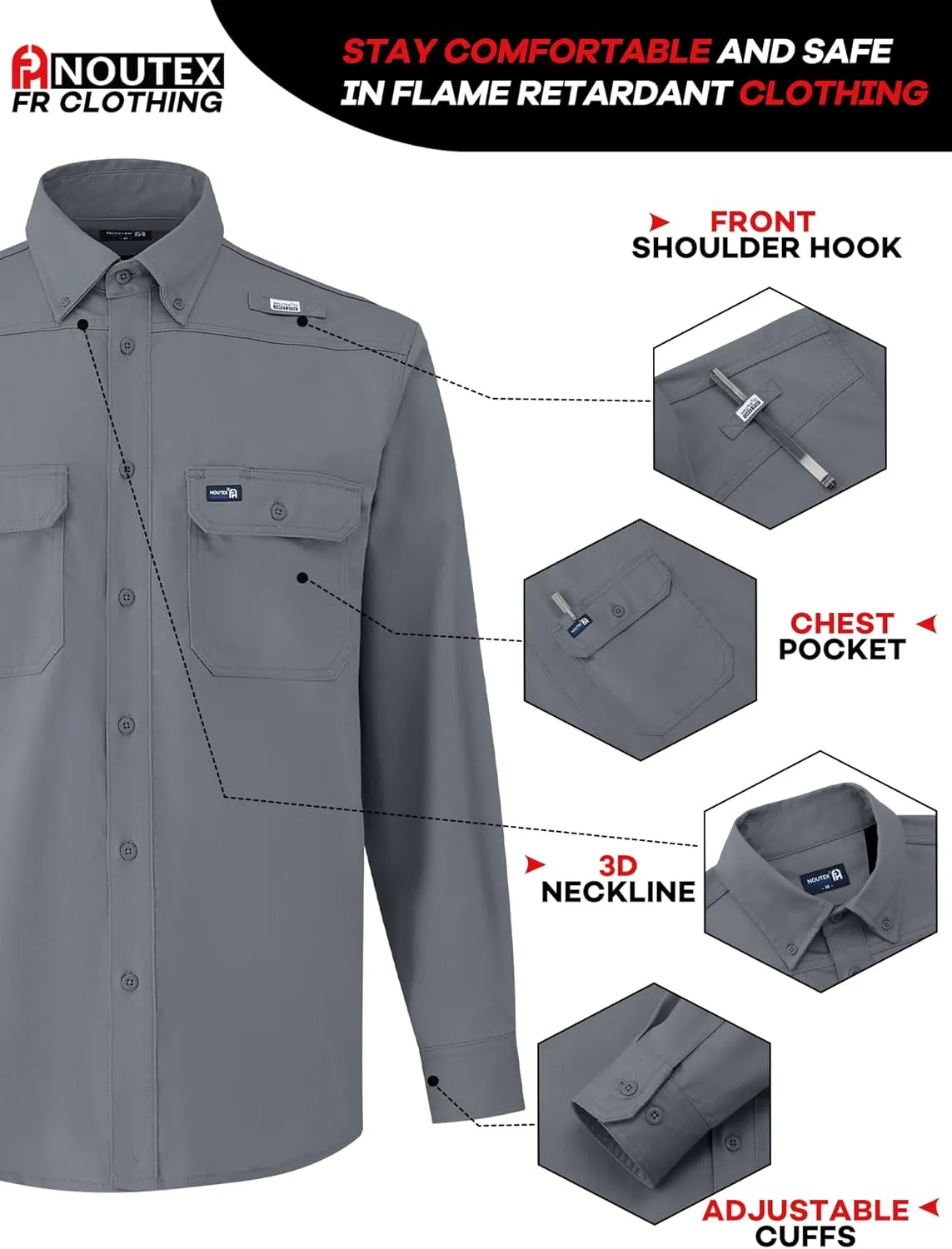 FR Ristop Shirts for Men 6.5oz 100% Cotton Flame Resistant Fr Shirts NFPA2112 Men's Fire Retardant Welding Shirt
