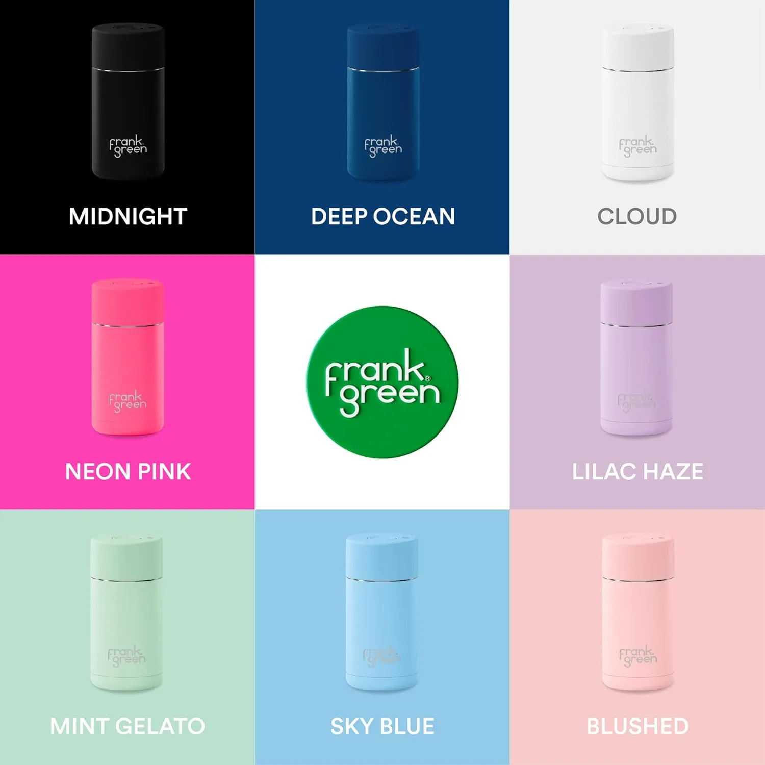 frank green - Ceramic Reusable Cup - Travel Coffee Mug, Stainless Steel Coffee Cup, Insulated Tumbler - Push Button Lid - 12oz - Midnight