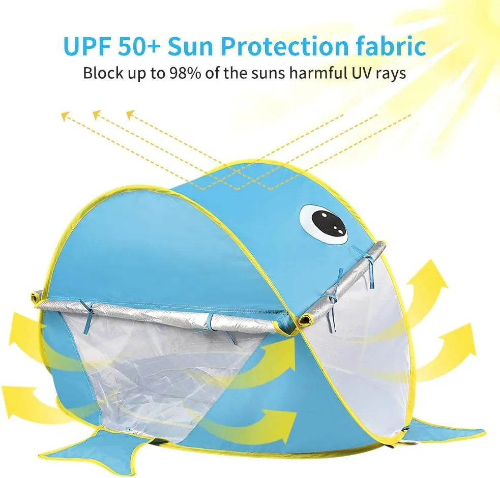 Free Swimming Baby Pop Up Baby Beach Tent with Pool, Portable Shark Sun Shelter Tent with UPF UV 50  Protection for Toddler Aged 3-72 Months (Blue)