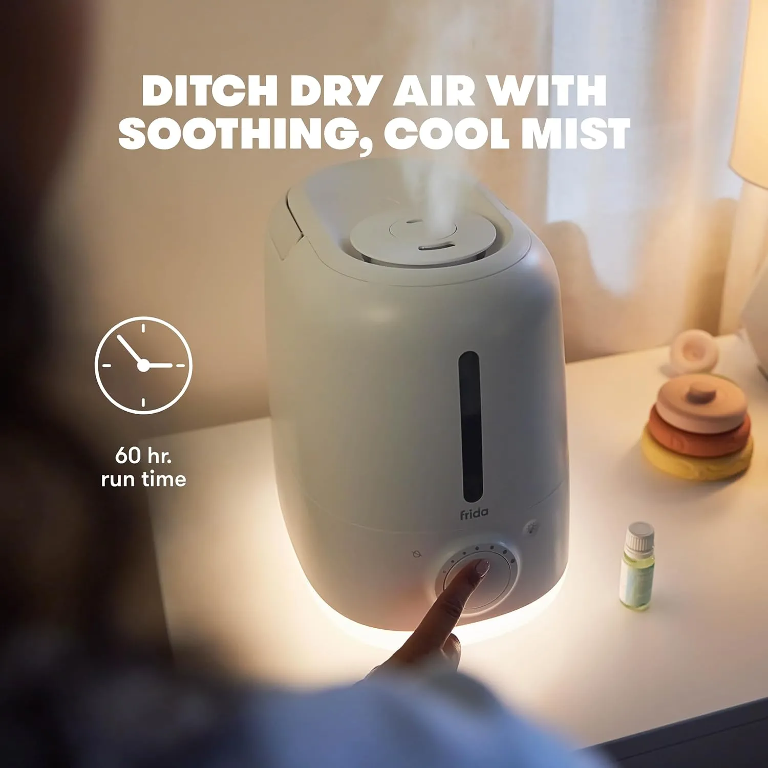 Frida Baby 3-in-1 XL Top Fill Humidifier for Bedroom, Allergy Relief, 6L Tank Cool Mist Humidifier for Large Rooms   Diffuser, Nightlight, Auto Shut-Off, Quiet, Carry Handle, Essential Oil Diffuser