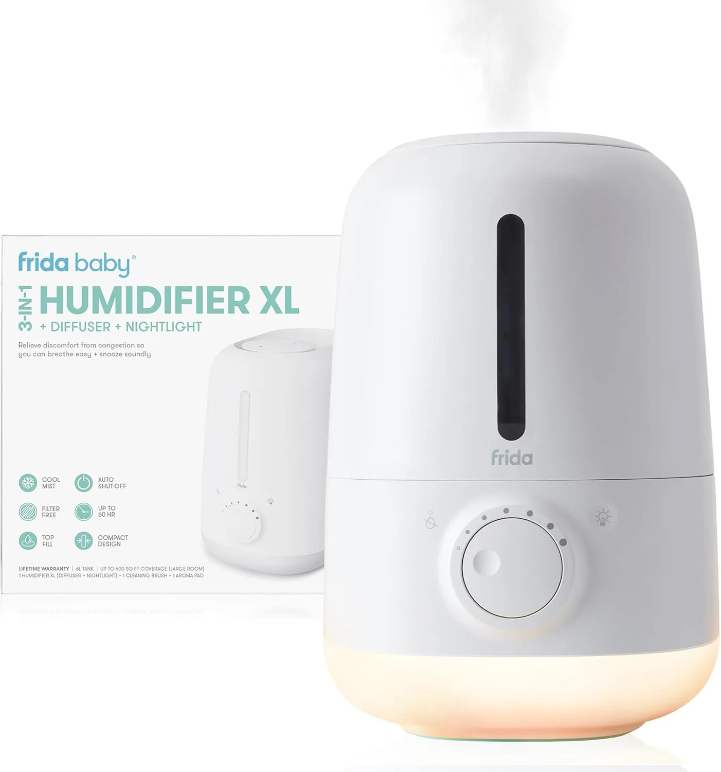 Frida Baby 3-in-1 XL Top Fill Humidifier for Bedroom, Allergy Relief, 6L Tank Cool Mist Humidifier for Large Rooms   Diffuser, Nightlight, Auto Shut-Off, Quiet, Carry Handle, Essential Oil Diffuser