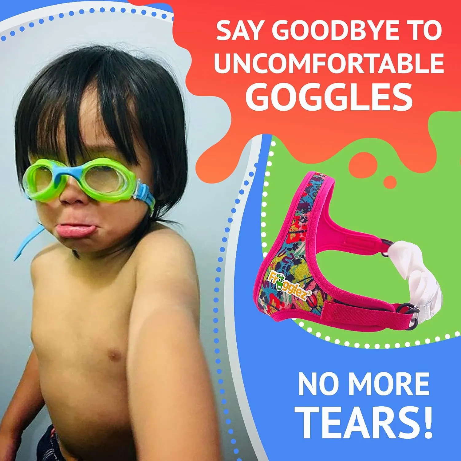 Frogglez Kids Swim Goggles with Pain-Free Strap | Ideal for Ages 3-10 | Leakproof, No Hair Pulling, UV Protection