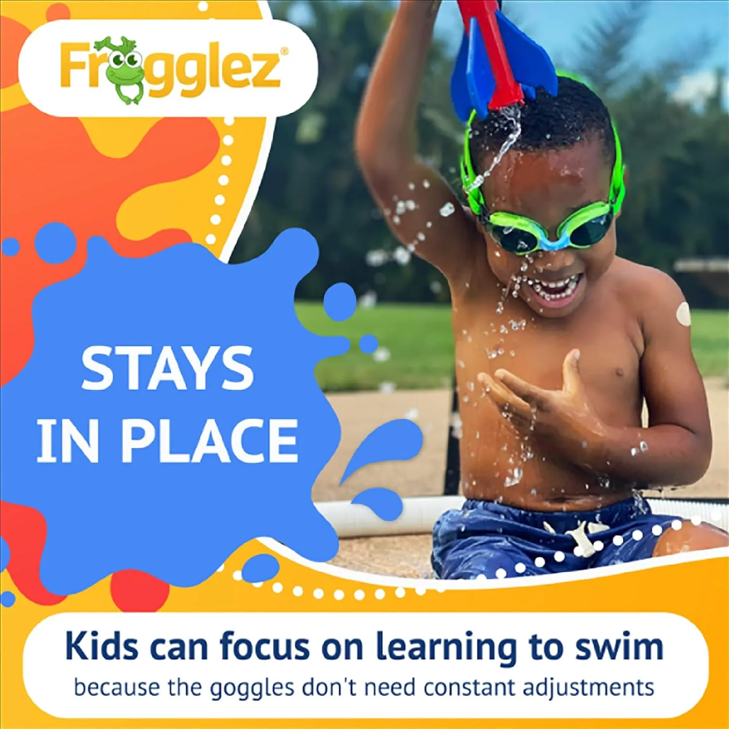 Frogglez Kids Swim Goggles with Pain-Free Strap | Ideal for Ages 3-10 | Leakproof, No Hair Pulling, UV Protection