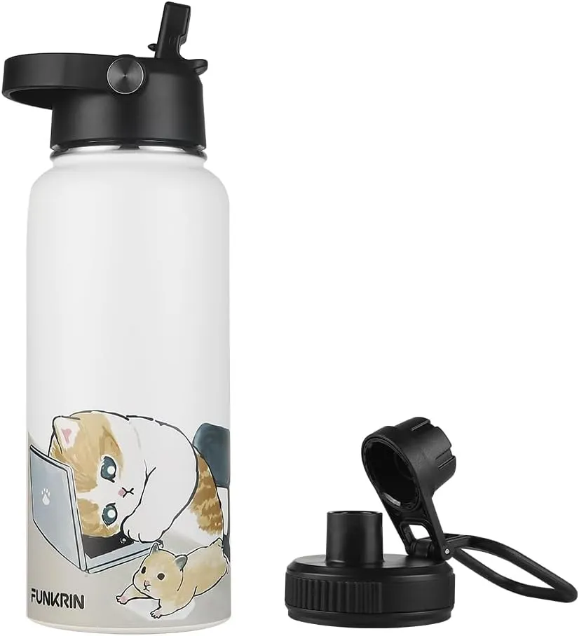 Funkrin Insulated Water Bottle with Straw Lid & Spout Lid, 32oz Personalized Vacuum Stainless Steel Travel Mug, Leak Proof Double Walled Thermos for Hot & Cold Beverages