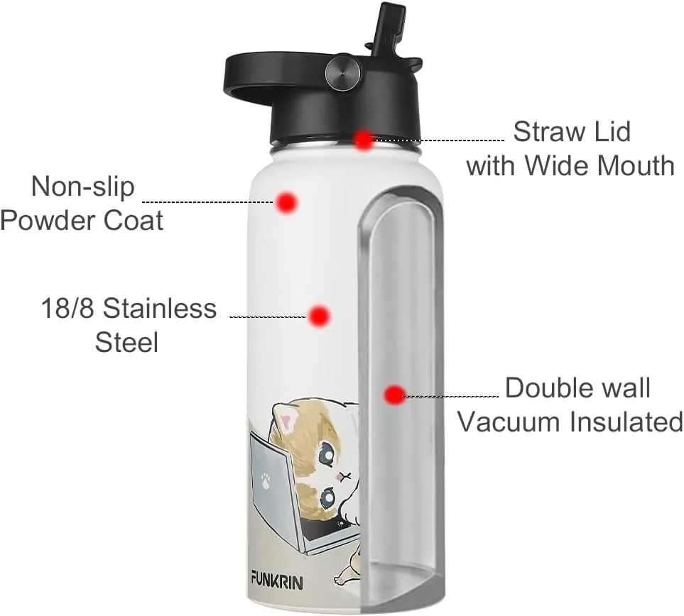 Funkrin Insulated Water Bottle with Straw Lid & Spout Lid, 32oz Personalized Vacuum Stainless Steel Travel Mug, Leak Proof Double Walled Thermos for Hot & Cold Beverages