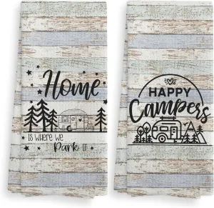 Funny Camping Happy Camper Kitchen Towels and Dishcloths Sets of 2,Campsite Cabin RV Absorbent Drying Cloth Hand Towels Tea Towels for Bathroom Kitchen,Gifts for Campers Camping Lovers,16×24 inches