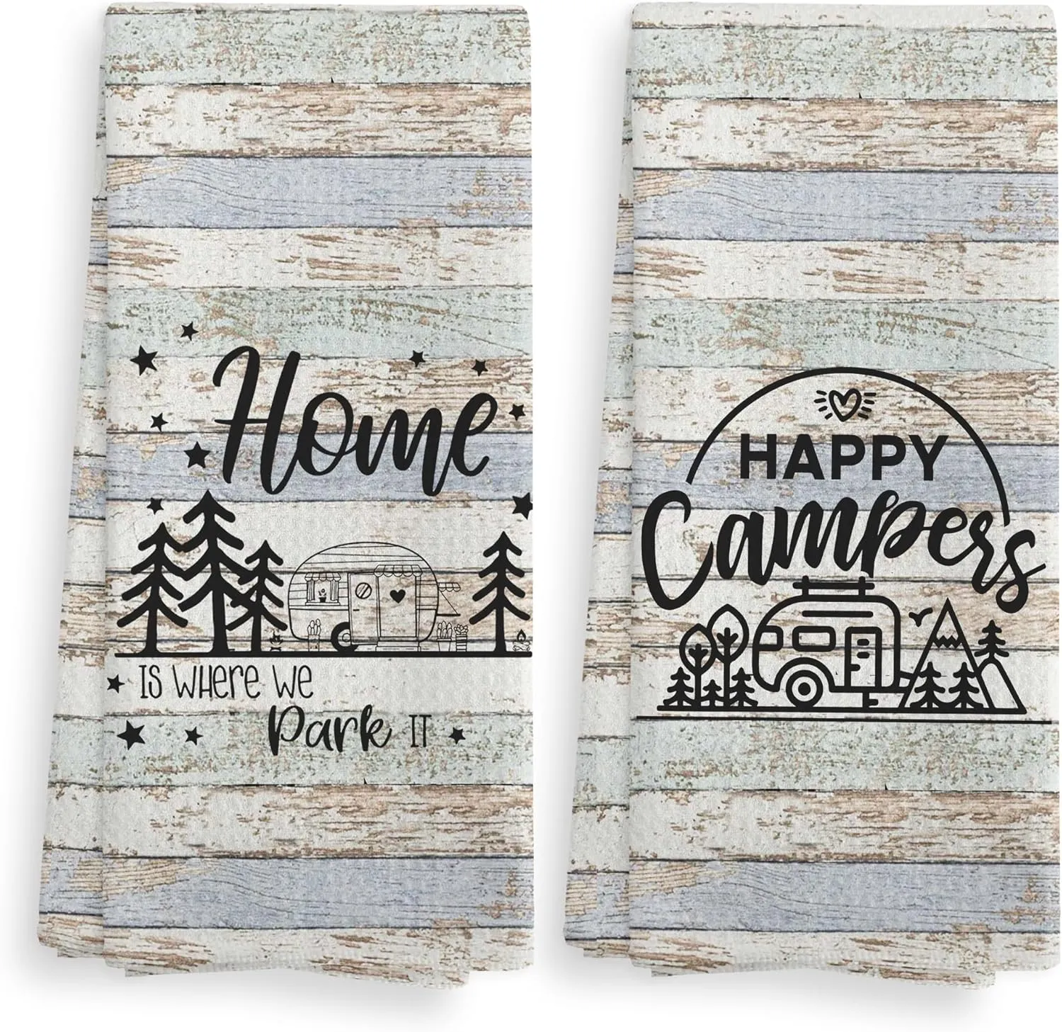 Funny Camping Happy Camper Kitchen Towels and Dishcloths Sets of 2,Campsite Cabin RV Absorbent Drying Cloth Hand Towels Tea Towels for Bathroom Kitchen,Gifts for Campers Camping Lovers,16×24 inches