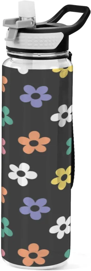 Fustylead Colorful Flowers 32 oz Water Bottle with Straw, Leakproof Clear Sport Bottles for Women Men Outdoor Sport Drinking