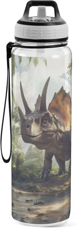 Fustylead Triceratops in The Jungle 32oz BPA Free Water Bottles, Leakproof Tritan Sport Water Bottle with Straw for Gym Fitness Running