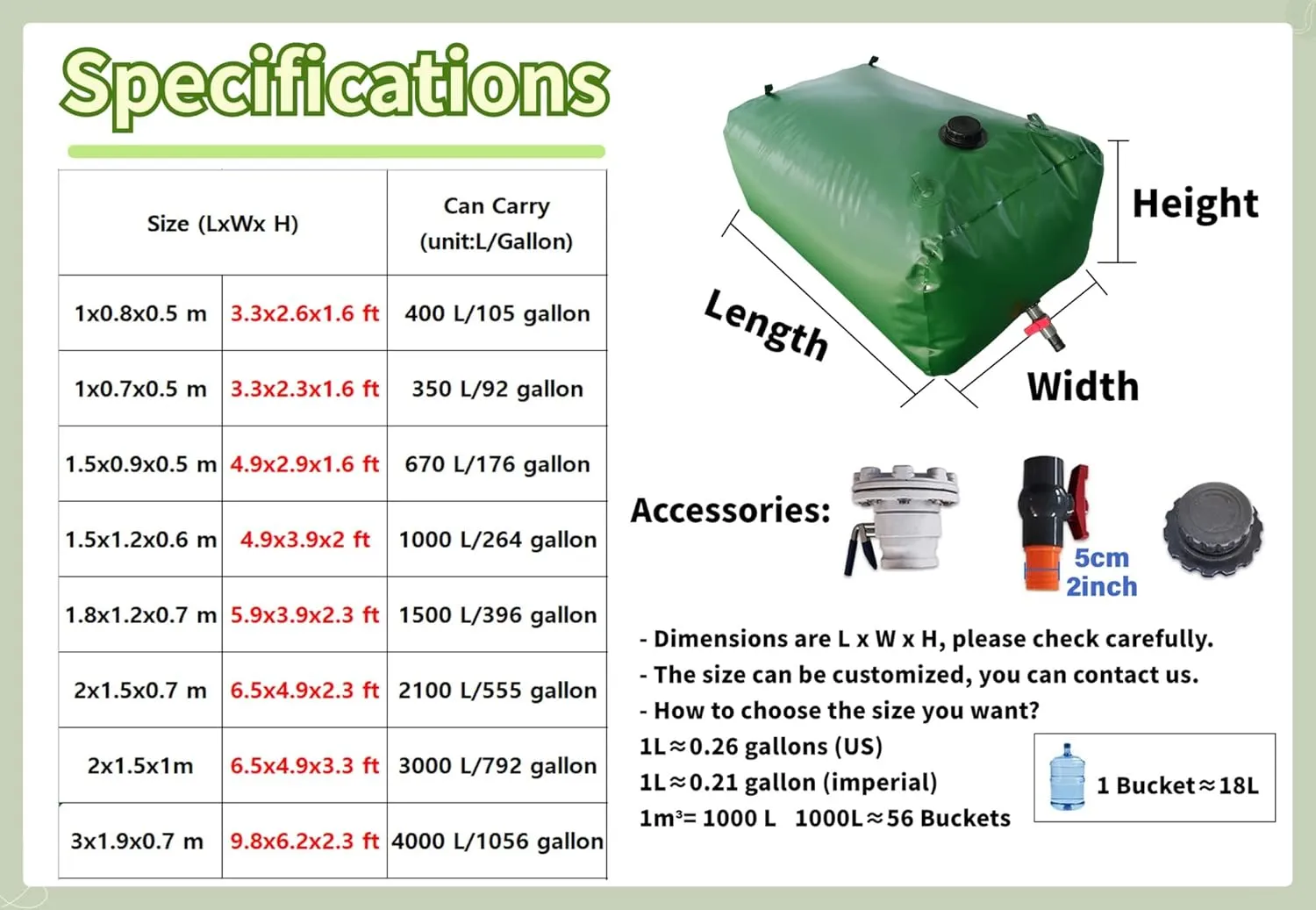 Gallon Water Bladder Storage Containers,100/200/500/800/1000/1320/1585, Drought Resistance, Fire Prevention, Emergency Water(3x2x0.85m/5100L/1347Gallon)