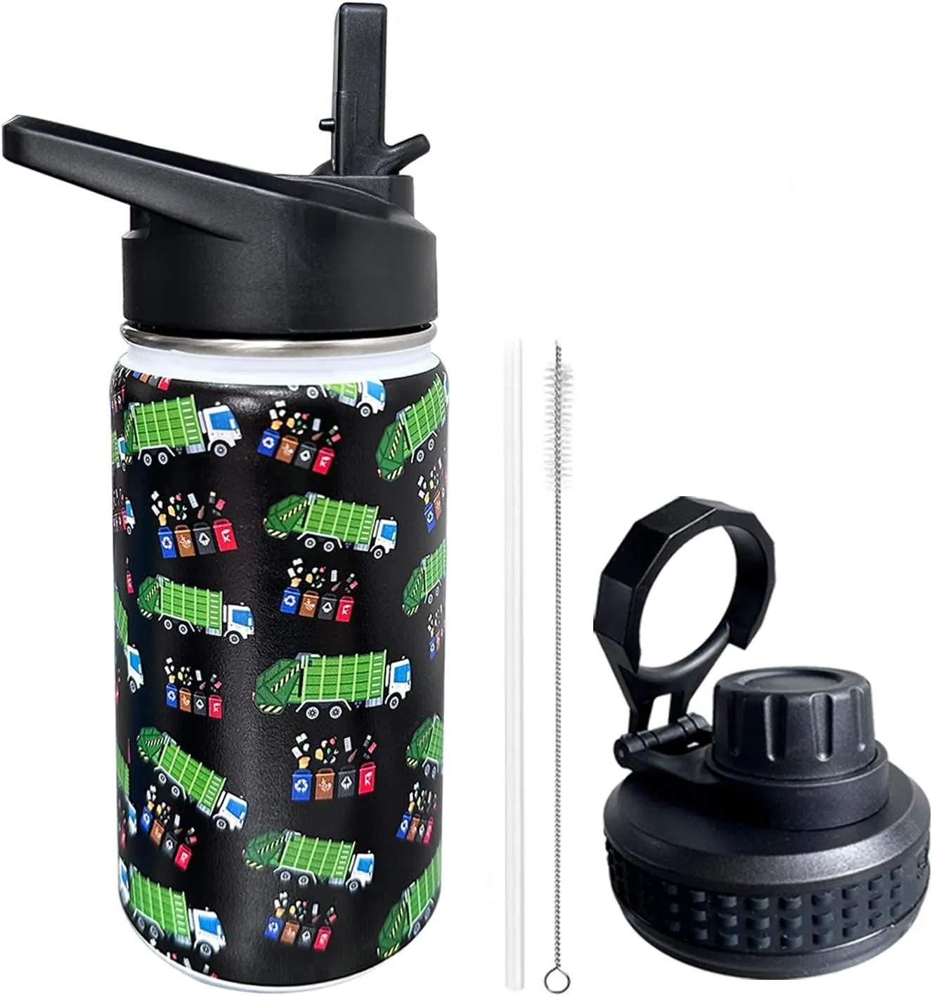 Garbage Truck Trash Recycling Kids Water Bottle for School with Straw Lid,12oz Stainless Steel Insulated Water Bottle for Boys & Girls,Leak Proof Lid with Handle & Touch Free Spout (A03)