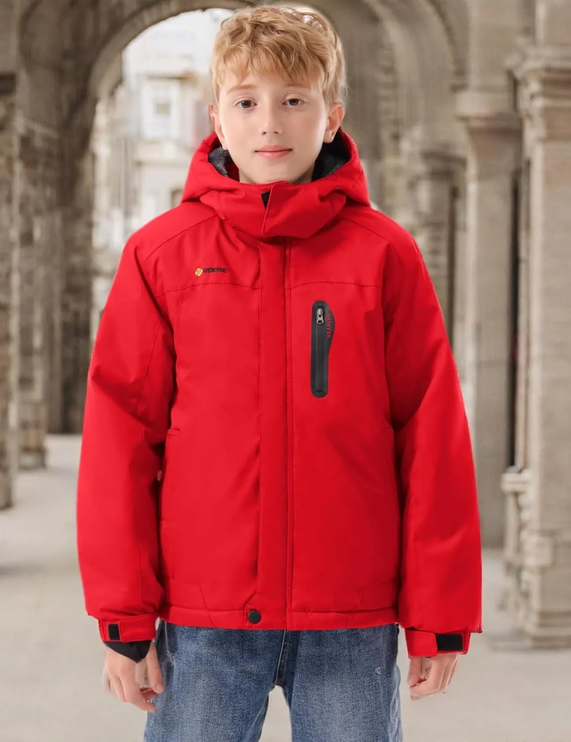 GEMYSE Boy's Waterproof Ski Snow Jacket Hooded Fleece Lined Windproof Winter Jacket