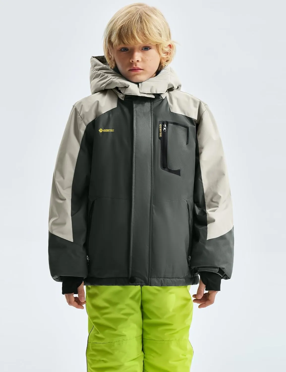 GEMYSE Boy's Waterproof Ski Snow Jacket Hooded Fleece Windproof Winter Jacket
