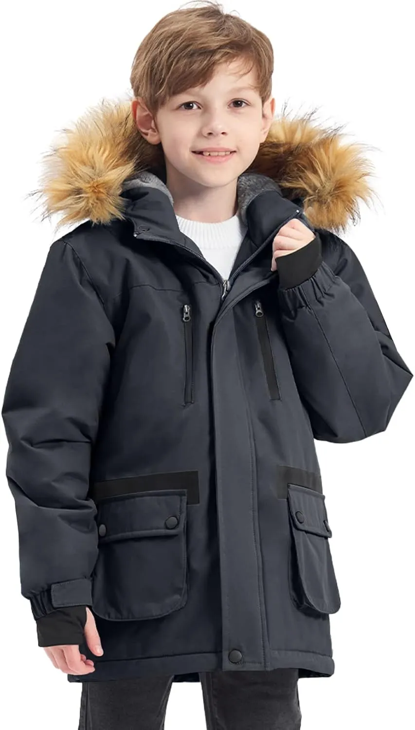 GEMYSE Boy's Winter Waterproof Ski Snow Jacket Hooded Fleece Windproof Jacket