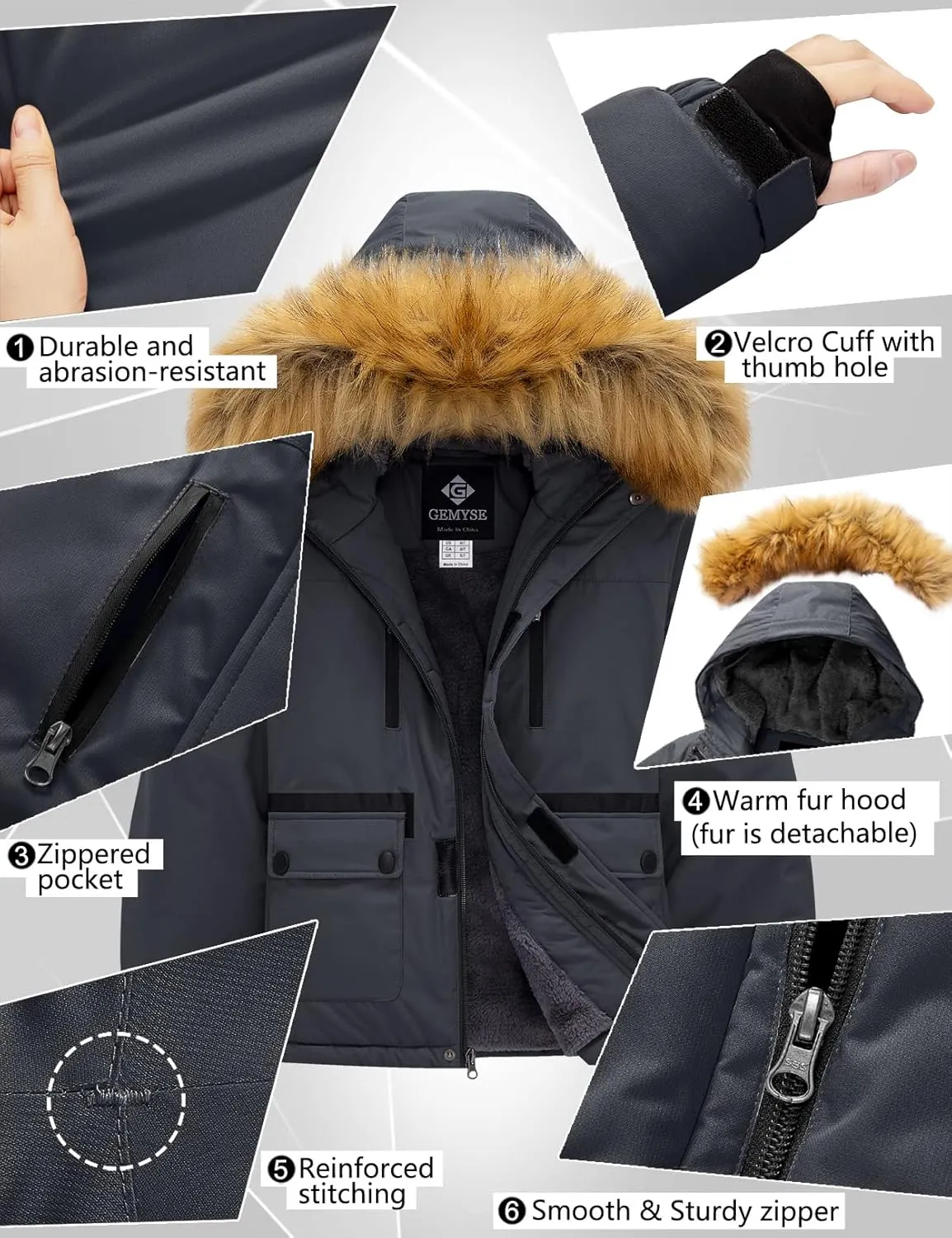 GEMYSE Boy's Winter Waterproof Ski Snow Jacket Hooded Fleece Windproof Jacket