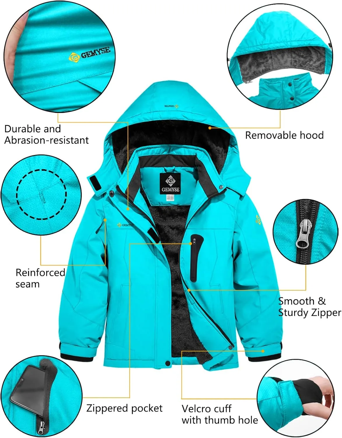 GEMYSE Girl's Waterproof Ski Snow Jacket Hooded Fleece Lined Windproof Winter Jacket