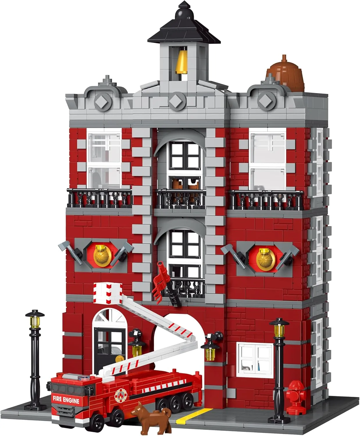 General Jim's Lighted 4 Story Fire Station – 1,823 Piece Modular Building Set with Interior Rooms, Rooftop Tower, Fire Engine with Ladder, and Vintage Red Brick Design