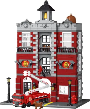 General Jim's Lighted 4 Story Fire Station – 1,823 Piece Modular Building Set with Interior Rooms, Rooftop Tower, Fire Engine with Ladder, and Vintage Red Brick Design