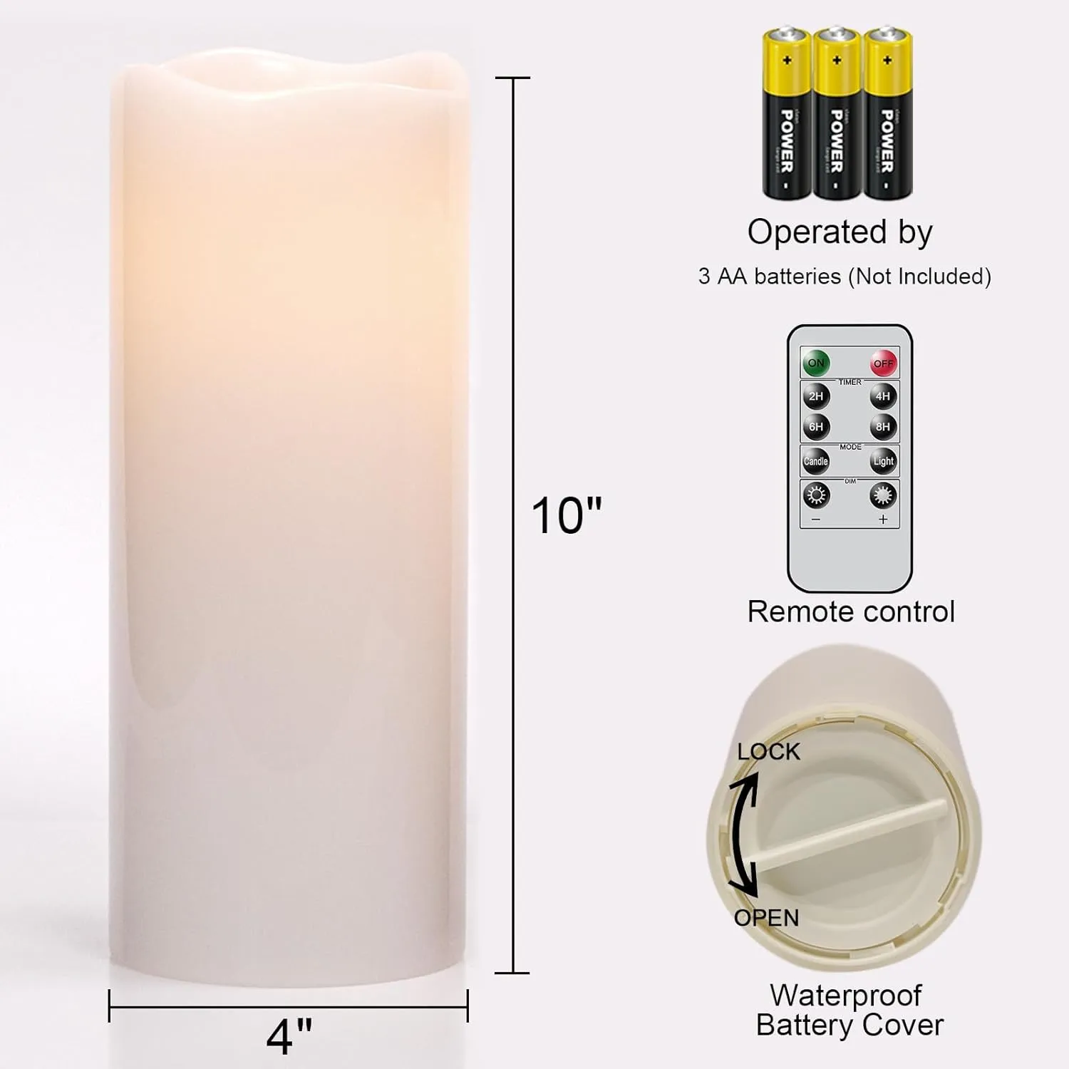 GenSwin Waterproof Large Flameless Candles with Remote for Lanterns, 2 Pack 4" x 10" Battery Operated with Timer, LED Pillar Candles Flickering for Indoor Outdoor Lanterns, Long-Lasting for Decor