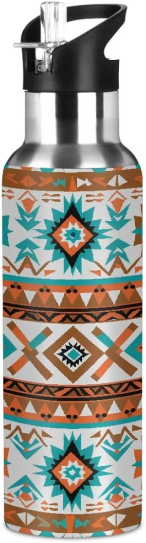 Geometric Ethnic Aztec Print Water Bottle 20 oz Insulated Water Bottles with Straw Leakproof Vacuum Thermal Stainless Steel Water Bottle for Kids Adults