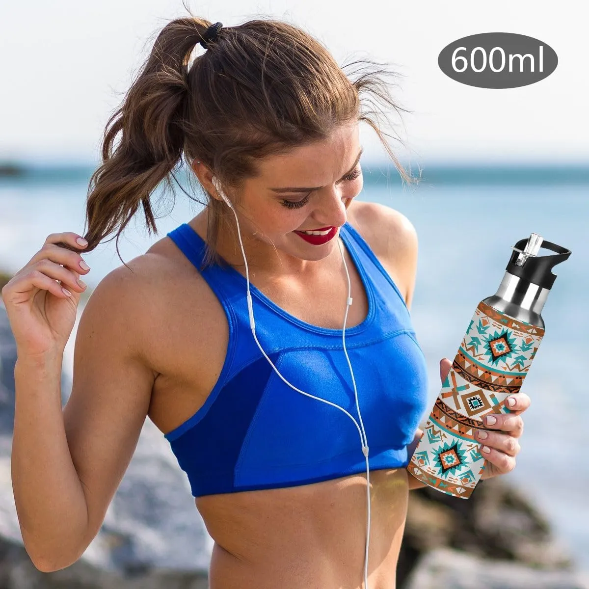 Geometric Ethnic Aztec Print Water Bottle 20 oz Insulated Water Bottles with Straw Leakproof Vacuum Thermal Stainless Steel Water Bottle for Kids Adults