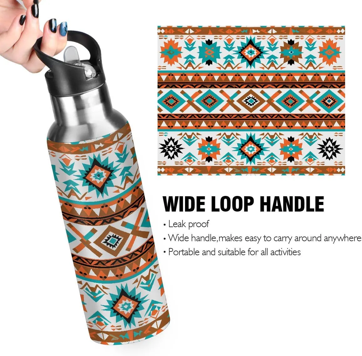 Geometric Ethnic Aztec Print Water Bottle 20 oz Insulated Water Bottles with Straw Leakproof Vacuum Thermal Stainless Steel Water Bottle for Kids Adults