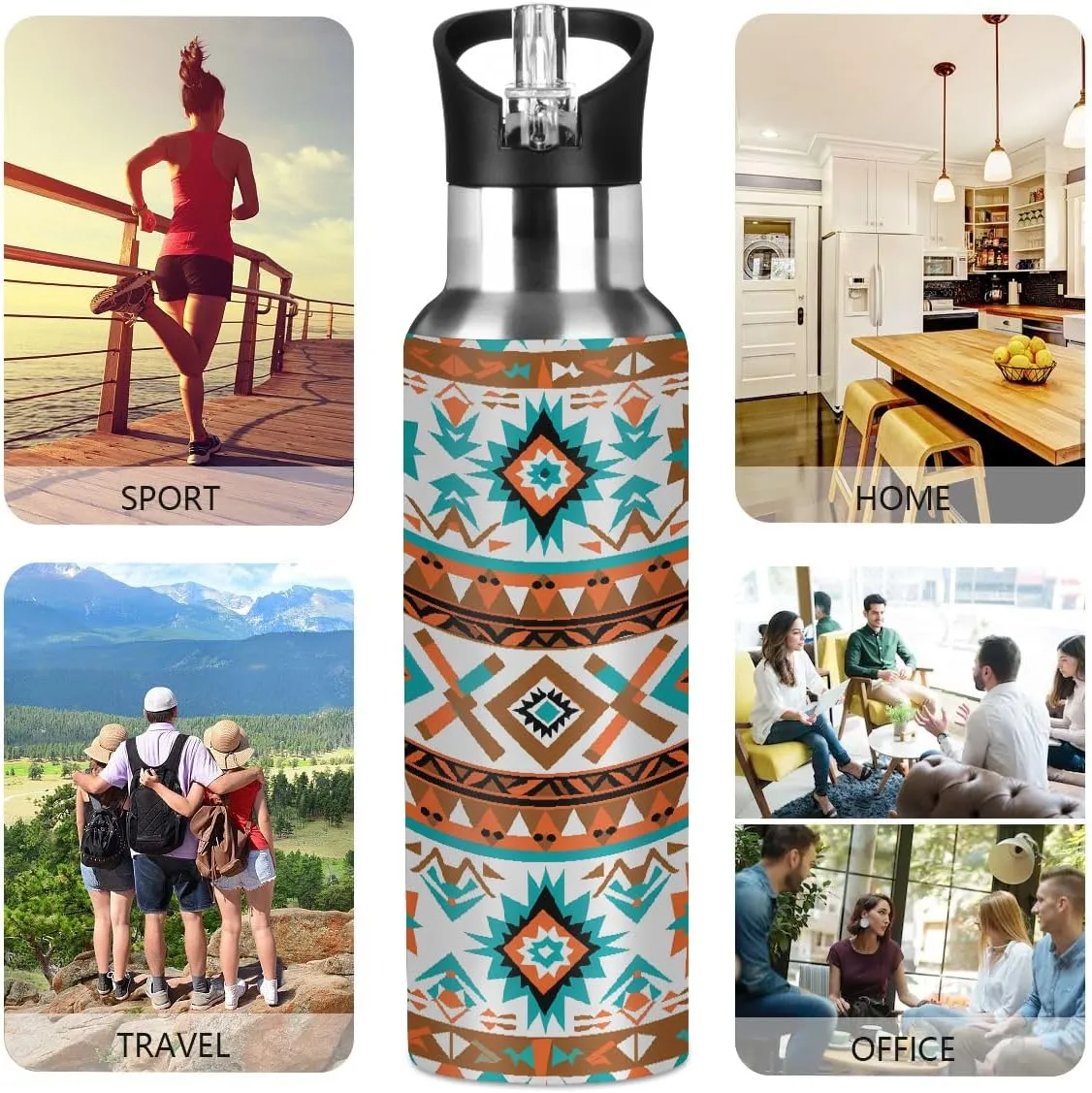 Geometric Ethnic Aztec Print Water Bottle 20 oz Insulated Water Bottles with Straw Leakproof Vacuum Thermal Stainless Steel Water Bottle for Kids Adults