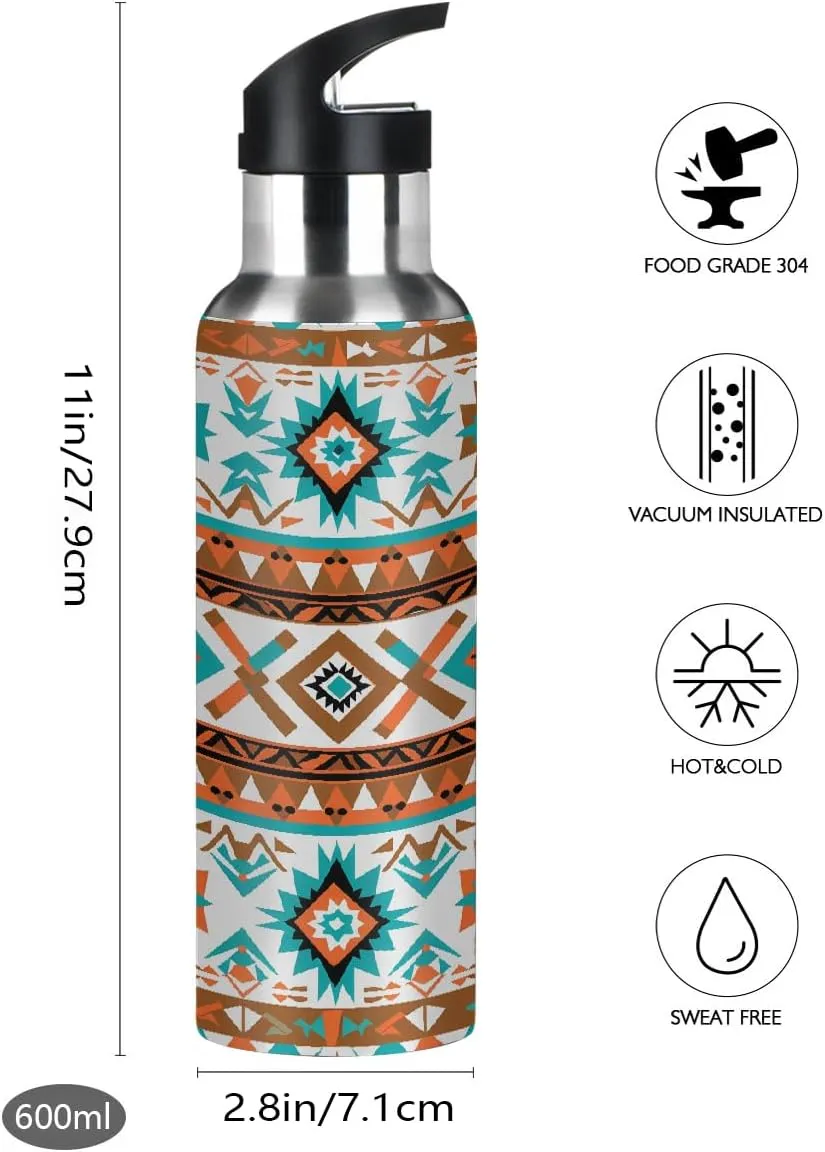 Geometric Ethnic Aztec Print Water Bottle 20 oz Insulated Water Bottles with Straw Leakproof Vacuum Thermal Stainless Steel Water Bottle for Kids Adults
