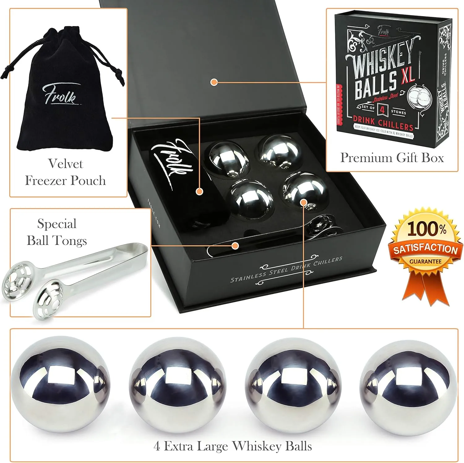 Gifts for Him - Men Dad Husband - 4 XL Stainless Steel Whisky Ice Balls, Special Tongs & Freezer Pouch in Luxury Gift Box for Whiskey Lovers!